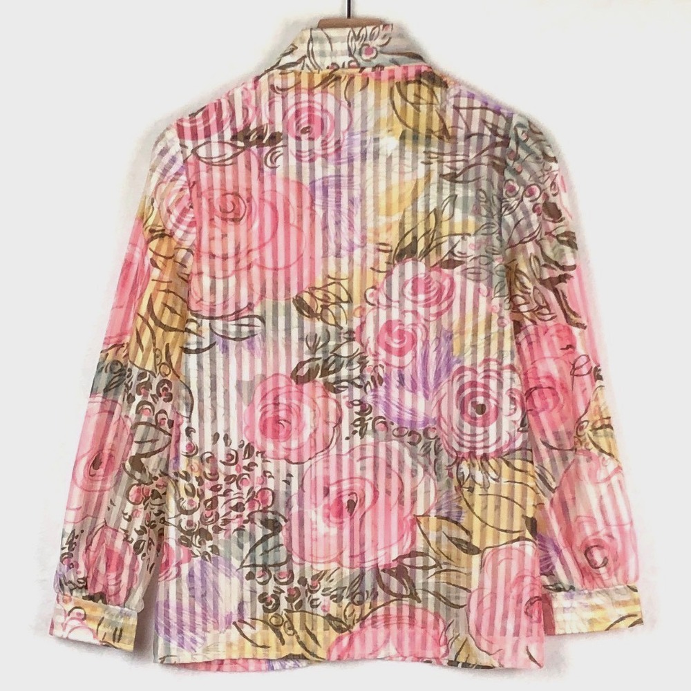 VTG 70s Montgomery Ward Floral Striped Sheer Blouse Women's Sz M‎ Pink Button Up - Picture 2 of 10